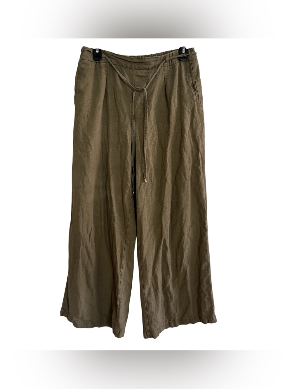Zara Olive Green Linen Blend Wide Leg Pants Coastal Resort Earthy Minimalist S